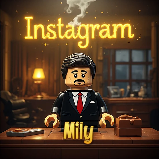 Mundo miniatura de Lego. Hombre de negocios con traje negro en escritorio clásico. Logotipo de Instagram en neón amarillo brillante con humo ligero. Nombre en 3D apoyado en el escritorio. Diseño con el nombre Mily.