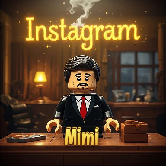 Mundo miniatura de Lego. Hombre de negocios con traje negro en escritorio clásico. Logotipo de Instagram en neón amarillo brillante con humo ligero. Nombre en 3D apoyado en el escritorio. Diseño con el nombre Mimi.