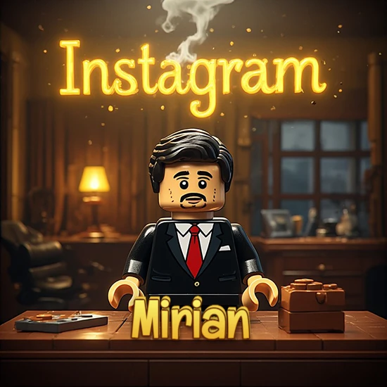 Mundo miniatura de Lego. Hombre de negocios con traje negro en escritorio clásico. Logotipo de Instagram en neón amarillo brillante con humo ligero. Nombre en 3D apoyado en el escritorio. Diseño con el nombre Mirian.