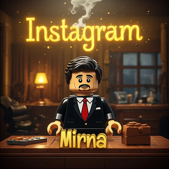 Mundo miniatura de Lego. Hombre de negocios con traje negro en escritorio clásico. Logotipo de Instagram en neón amarillo brillante con humo ligero. Nombre en 3D apoyado en el escritorio. Diseño con el nombre Mirna.
