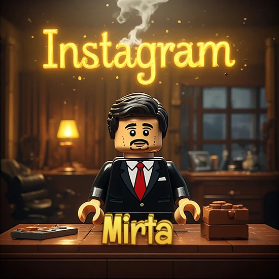 Mundo miniatura de Lego. Hombre de negocios con traje negro en escritorio clásico. Logotipo de Instagram en neón amarillo brillante con humo ligero. Nombre en 3D apoyado en el escritorio. Diseño con el nombre Mirta.