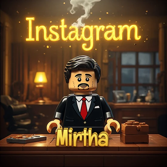 Mundo miniatura de Lego. Hombre de negocios con traje negro en escritorio clásico. Logotipo de Instagram en neón amarillo brillante con humo ligero. Nombre en 3D apoyado en el escritorio. Diseño con el nombre Mirtha.