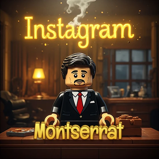 Mundo miniatura de Lego. Hombre de negocios con traje negro en escritorio clásico. Logotipo de Instagram en neón amarillo brillante con humo ligero. Nombre en 3D apoyado en el escritorio. Diseño con el nombre Montserrat.