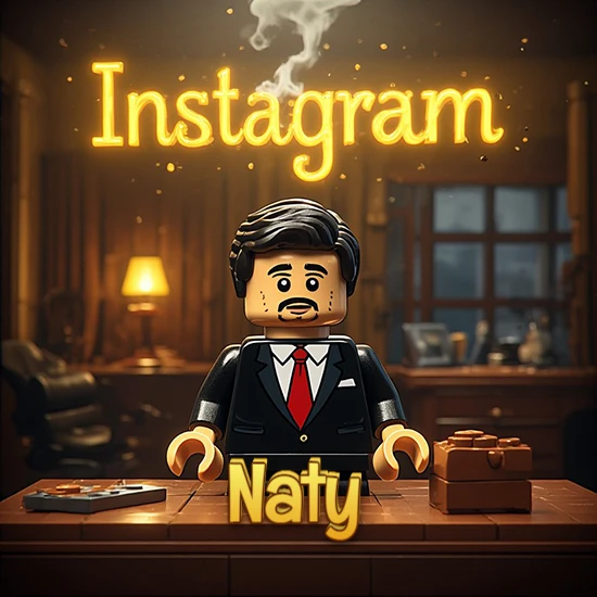 Mundo miniatura de Lego. Hombre de negocios con traje negro en escritorio clásico. Logotipo de Instagram en neón amarillo brillante con humo ligero. Nombre en 3D apoyado en el escritorio. Diseño con el nombre Naty.