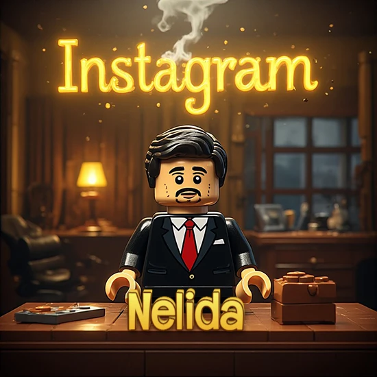 Mundo miniatura de Lego. Hombre de negocios con traje negro en escritorio clásico. Logotipo de Instagram en neón amarillo brillante con humo ligero. Nombre en 3D apoyado en el escritorio. Diseño con el nombre Nelida.
