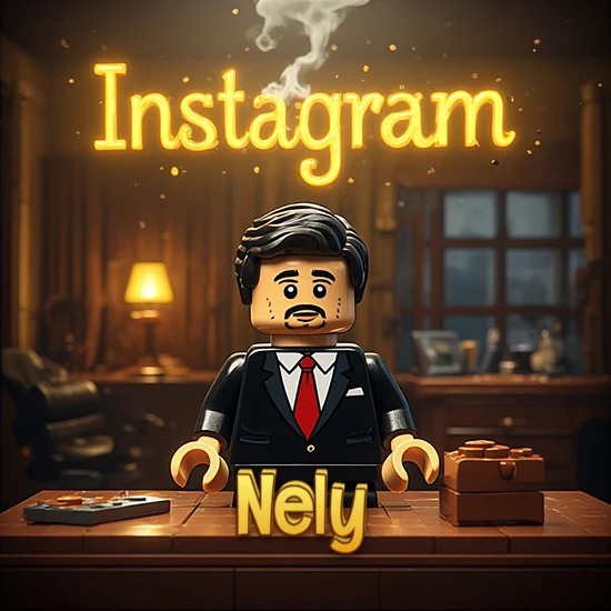 Mundo miniatura de Lego. Hombre de negocios con traje negro en escritorio clásico. Logotipo de Instagram en neón amarillo brillante con humo ligero. Nombre en 3D apoyado en el escritorio. Diseño con el nombre Nely.