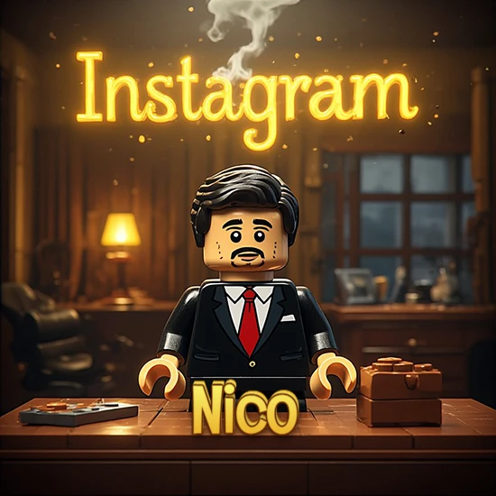 Mundo miniatura de Lego. Hombre de negocios con traje negro en escritorio clásico. Logotipo de Instagram en neón amarillo brillante con humo ligero. Nombre en 3D apoyado en el escritorio. Diseño con el nombre Nico.