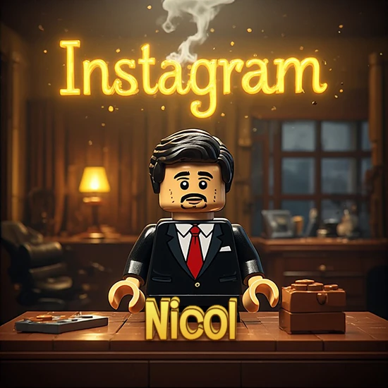 Mundo miniatura de Lego. Hombre de negocios con traje negro en escritorio clásico. Logotipo de Instagram en neón amarillo brillante con humo ligero. Nombre en 3D apoyado en el escritorio. Diseño con el nombre Nicol.