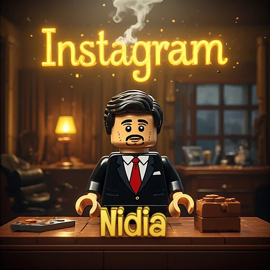 Mundo miniatura de Lego. Hombre de negocios con traje negro en escritorio clásico. Logotipo de Instagram en neón amarillo brillante con humo ligero. Nombre en 3D apoyado en el escritorio. Diseño con el nombre Nidia.