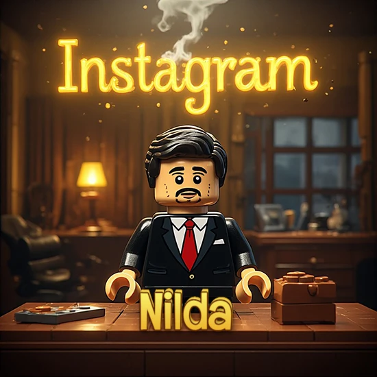 Mundo miniatura de Lego. Hombre de negocios con traje negro en escritorio clásico. Logotipo de Instagram en neón amarillo brillante con humo ligero. Nombre en 3D apoyado en el escritorio. Diseño con el nombre Nilda.