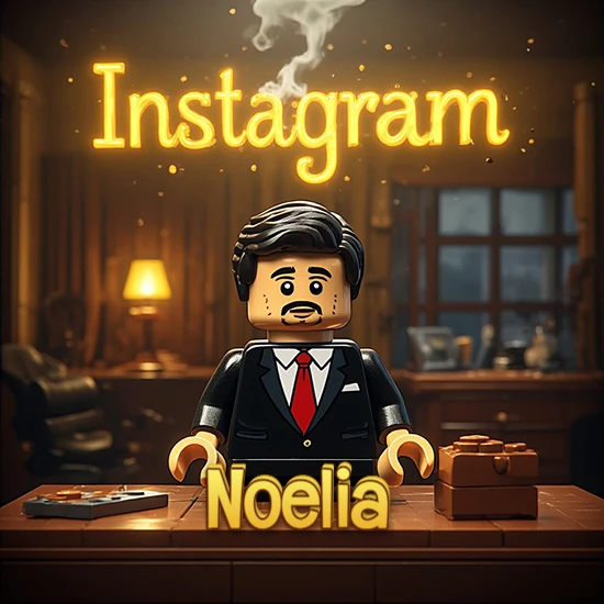 Mundo miniatura de Lego. Hombre de negocios con traje negro en escritorio clásico. Logotipo de Instagram en neón amarillo brillante con humo ligero. Nombre en 3D apoyado en el escritorio. Diseño con el nombre Noelia.
