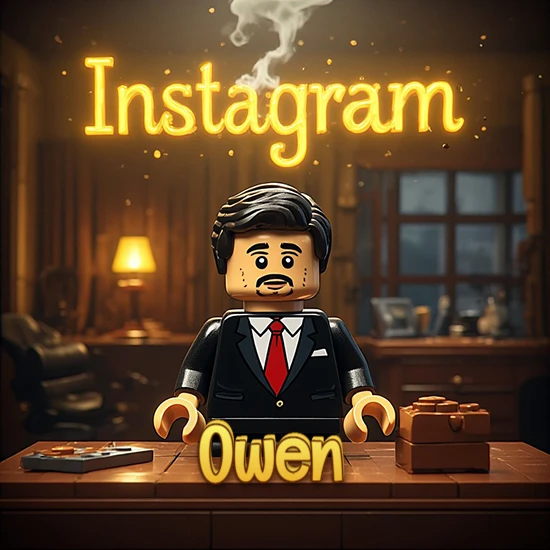 Mundo miniatura de Lego. Hombre de negocios con traje negro en escritorio clásico. Logotipo de Instagram en neón amarillo brillante con humo ligero. Nombre en 3D apoyado en el escritorio. Diseño con el nombre Owen.