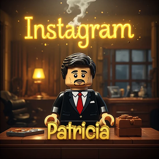 Mundo miniatura de Lego. Hombre de negocios con traje negro en escritorio clásico. Logotipo de Instagram en neón amarillo brillante con humo ligero. Nombre en 3D apoyado en el escritorio. Diseño con el nombre Patricia.
