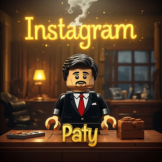 Mundo miniatura de Lego. Hombre de negocios con traje negro en escritorio clásico. Logotipo de Instagram en neón amarillo brillante con humo ligero. Nombre en 3D apoyado en el escritorio. Diseño con el nombre Paty.