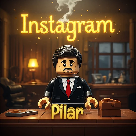 Mundo miniatura de Lego. Hombre de negocios con traje negro en escritorio clásico. Logotipo de Instagram en neón amarillo brillante con humo ligero. Nombre en 3D apoyado en el escritorio. Diseño con el nombre Pilar.