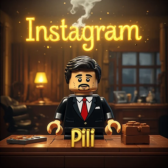 Mundo miniatura de Lego. Hombre de negocios con traje negro en escritorio clásico. Logotipo de Instagram en neón amarillo brillante con humo ligero. Nombre en 3D apoyado en el escritorio. Diseño con el nombre Pili.