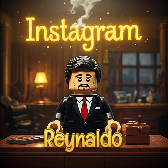 Mundo miniatura de Lego. Hombre de negocios con traje negro en escritorio clásico. Logotipo de Instagram en neón amarillo brillante con humo ligero. Nombre en 3D apoyado en el escritorio. Diseño con el nombre Reynaldo.