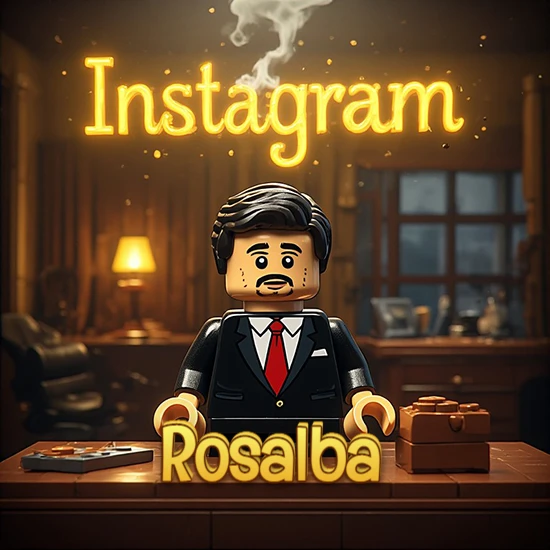 Mundo miniatura de Lego. Hombre de negocios con traje negro en escritorio clásico. Logotipo de Instagram en neón amarillo brillante con humo ligero. Nombre en 3D apoyado en el escritorio. Diseño con el nombre Rosalba.