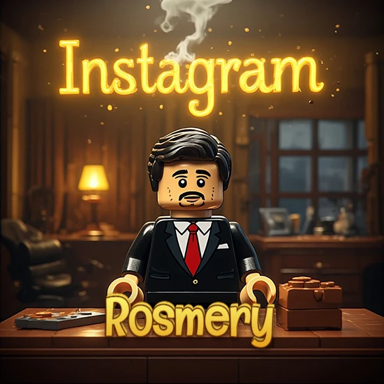 Mundo miniatura de Lego. Hombre de negocios con traje negro en escritorio clásico. Logotipo de Instagram en neón amarillo brillante con humo ligero. Nombre en 3D apoyado en el escritorio. Diseño con el nombre Rosmery.