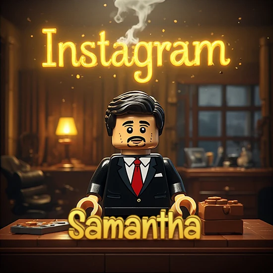 Mundo miniatura de Lego. Hombre de negocios con traje negro en escritorio clásico. Logotipo de Instagram en neón amarillo brillante con humo ligero. Nombre en 3D apoyado en el escritorio. Diseño con el nombre Samantha.