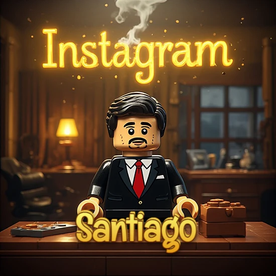 Mundo miniatura de Lego. Hombre de negocios con traje negro en escritorio clásico. Logotipo de Instagram en neón amarillo brillante con humo ligero. Nombre en 3D apoyado en el escritorio. Diseño con el nombre Santiago.