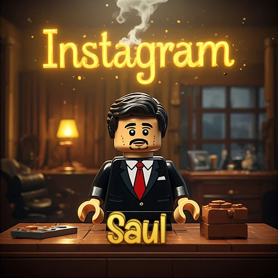 Mundo miniatura de Lego. Hombre de negocios con traje negro en escritorio clásico. Logotipo de Instagram en neón amarillo brillante con humo ligero. Nombre en 3D apoyado en el escritorio. Diseño con el nombre Saul.