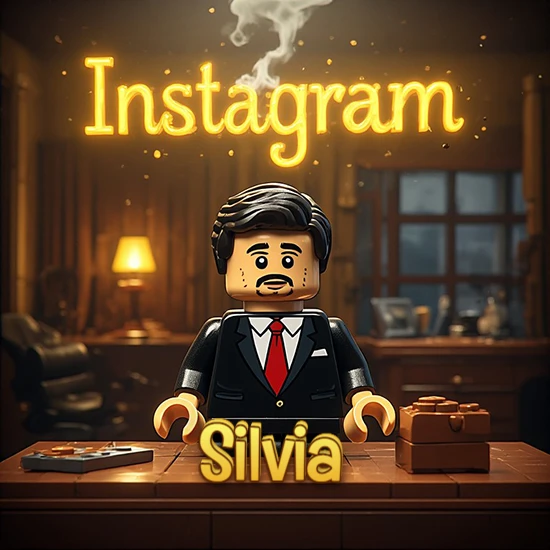 Mundo miniatura de Lego. Hombre de negocios con traje negro en escritorio clásico. Logotipo de Instagram en neón amarillo brillante con humo ligero. Nombre en 3D apoyado en el escritorio. Diseño con el nombre Silvia.