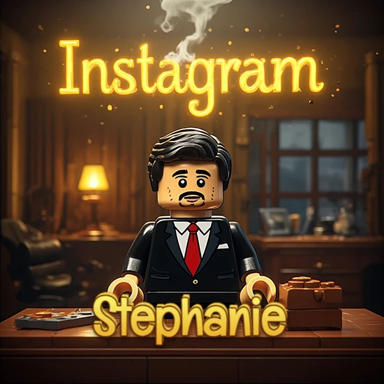 Mundo miniatura de Lego. Hombre de negocios con traje negro en escritorio clásico. Logotipo de Instagram en neón amarillo brillante con humo ligero. Nombre en 3D apoyado en el escritorio. Diseño con el nombre Stephanie.