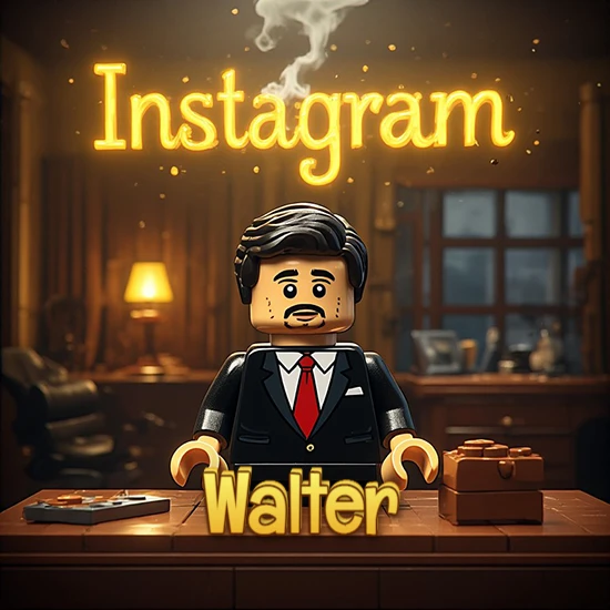 Mundo miniatura de Lego. Hombre de negocios con traje negro en escritorio clásico. Logotipo de Instagram en neón amarillo brillante con humo ligero. Nombre en 3D apoyado en el escritorio. Diseño con el nombre Walter. Mundo miniatura de Lego. Hombre de negocios con traje negro en escritorio clásico. Logotipo de Instagram en neón amarillo brillante con humo ligero. Nombre en 3D apoyado en el escritorio. Diseño con el nombre Walter.
