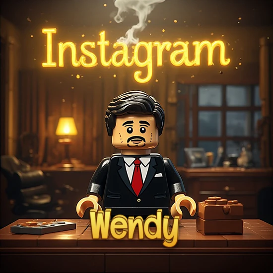 Mundo miniatura de Lego. Hombre de negocios con traje negro en escritorio clásico. Logotipo de Instagram en neón amarillo brillante con humo ligero. Nombre en 3D apoyado en el escritorio. Diseño con el nombre Wendy.
