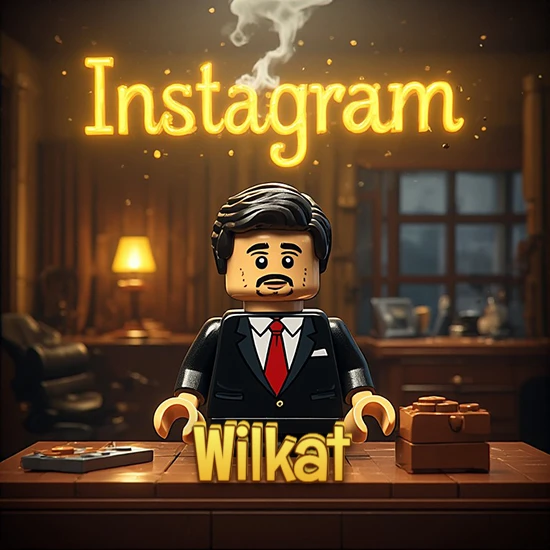 Mundo miniatura de Lego. Hombre de negocios con traje negro en escritorio clásico. Logotipo de Instagram en neón amarillo brillante con humo ligero. Nombre en 3D apoyado en el escritorio. Diseño con el nombre Wilkat.