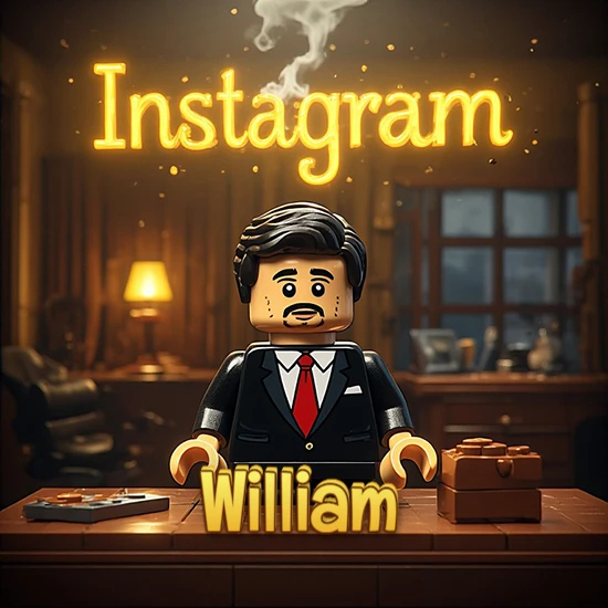 Mundo miniatura de Lego. Hombre de negocios con traje negro en escritorio clásico. Logotipo de Instagram en neón amarillo brillante con humo ligero. Nombre en 3D apoyado en el escritorio. Diseño con el nombre William. Mundo miniatura de Lego. Hombre de negocios con traje negro en escritorio clásico. Logotipo de Instagram en neón amarillo brillante con humo ligero. Nombre en 3D apoyado en el escritorio. Diseño con el nombre William.