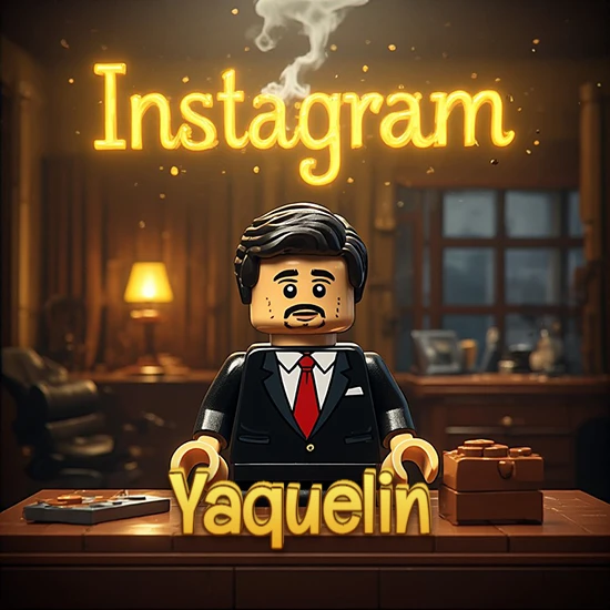 Mundo miniatura de Lego. Hombre de negocios con traje negro en escritorio clásico. Logotipo de Instagram en neón amarillo brillante con humo ligero. Nombre en 3D apoyado en el escritorio. Diseño con el nombre Yaquelin.