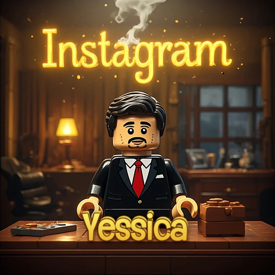 Mundo miniatura de Lego. Hombre de negocios con traje negro en escritorio clásico. Logotipo de Instagram en neón amarillo brillante con humo ligero. Nombre en 3D apoyado en el escritorio. Diseño con el nombre Yessica.