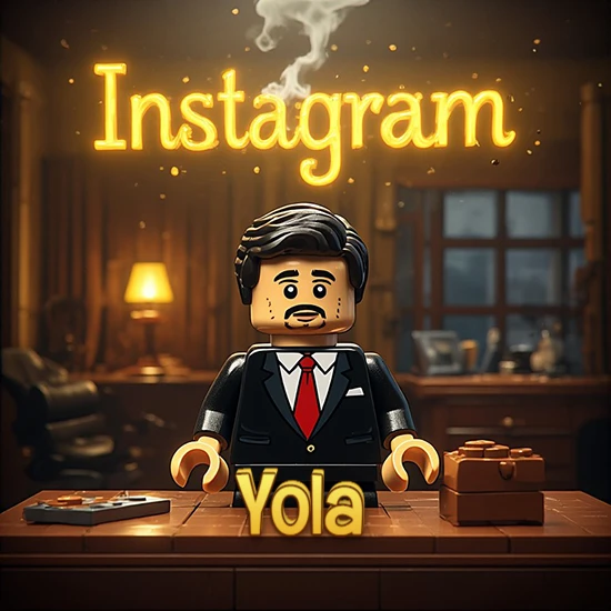 Mundo miniatura de Lego. Hombre de negocios con traje negro en escritorio clásico. Logotipo de Instagram en neón amarillo brillante con humo ligero. Nombre en 3D apoyado en el escritorio. Diseño con el nombre Yola. Mundo miniatura de Lego. Hombre de negocios con traje negro en escritorio clásico. Logotipo de Instagram en neón amarillo brillante con humo ligero. Nombre en 3D apoyado en el escritorio. Diseño con el nombre Yola.