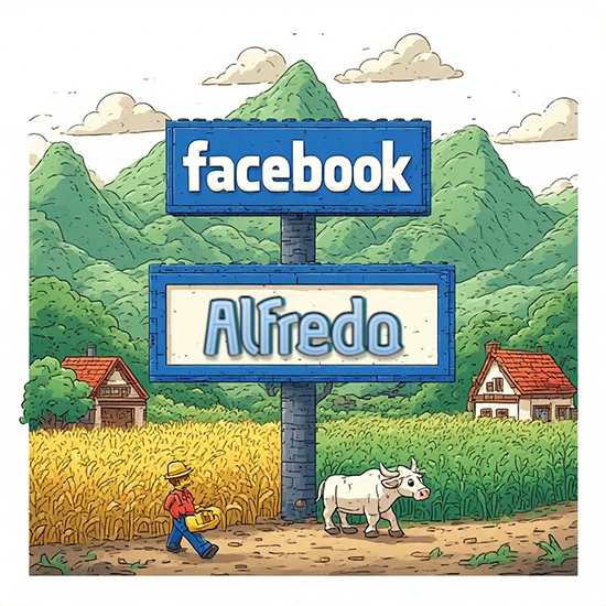 Paisaje rural animado con colinas verdes y cielo despejado. Enorme letrero tipo carretera con el logotipo de Facebook. Nombre destacado en negrita dentro del marco blanco inferior. Diseño con el nombre Alfredo.