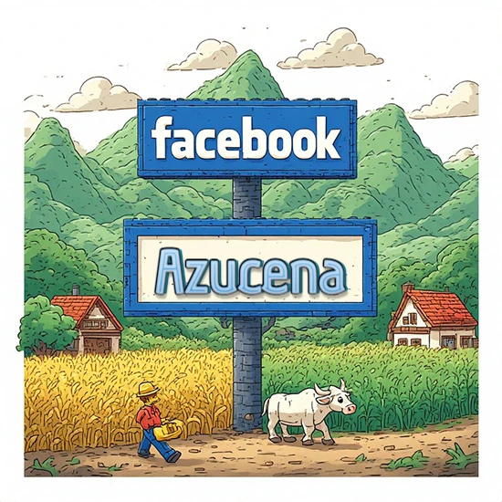 Paisaje rural animado con colinas verdes y cielo despejado. Enorme letrero tipo carretera con el logotipo de Facebook. Nombre destacado en negrita dentro del marco blanco inferior. Diseño con el nombre Azucena.