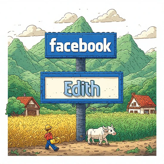 Paisaje rural animado con colinas verdes y cielo despejado. Enorme letrero tipo carretera con el logotipo de Facebook. Nombre destacado en negrita dentro del marco blanco inferior. Diseño con el nombre Edith.