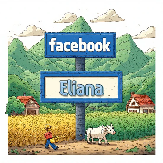 Paisaje rural animado con colinas verdes y cielo despejado. Enorme letrero tipo carretera con el logotipo de Facebook. Nombre destacado en negrita dentro del marco blanco inferior. Diseño con el nombre Eliana.