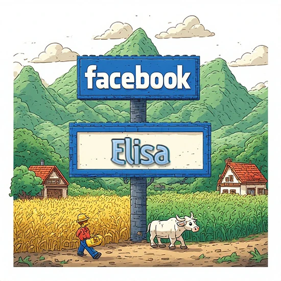 Paisaje rural animado con colinas verdes y cielo despejado. Enorme letrero tipo carretera con el logotipo de Facebook. Nombre destacado en negrita dentro del marco blanco inferior. Diseño con el nombre Elisa.