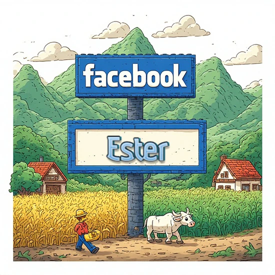 Paisaje rural animado con colinas verdes y cielo despejado. Enorme letrero tipo carretera con el logotipo de Facebook. Nombre destacado en negrita dentro del marco blanco inferior. Diseño con el nombre Ester.