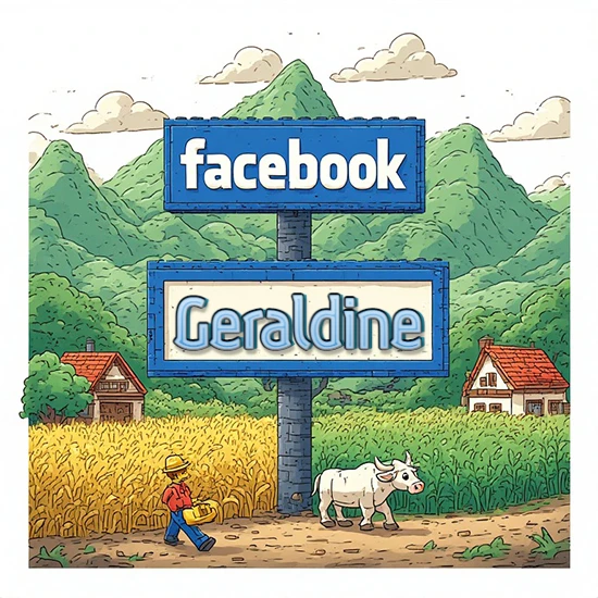 Paisaje rural animado con colinas verdes y cielo despejado. Enorme letrero tipo carretera con el logotipo de Facebook. Nombre destacado en negrita dentro del marco blanco inferior. Diseño con el nombre Geraldine.