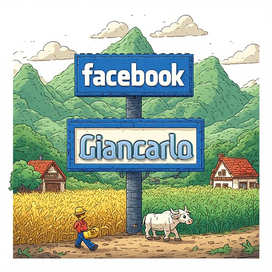 Paisaje rural animado con colinas verdes y cielo despejado. Enorme letrero tipo carretera con el logotipo de Facebook. Nombre destacado en negrita dentro del marco blanco inferior. Diseño con el nombre Giancarlo.