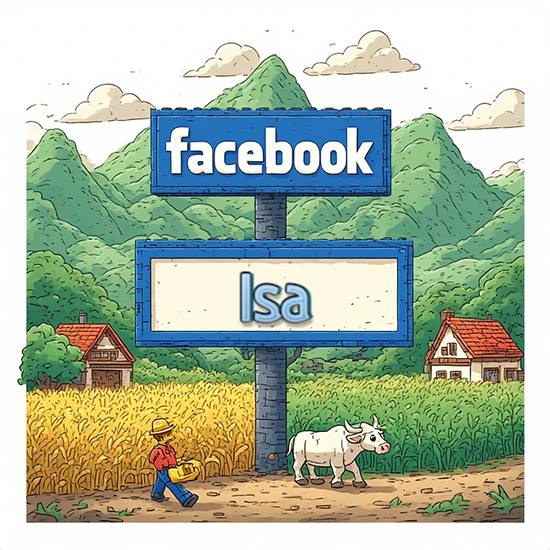 Paisaje rural animado con colinas verdes y cielo despejado. Enorme letrero tipo carretera con el logotipo de Facebook. Nombre destacado en negrita dentro del marco blanco inferior. Diseño con el nombre Isa. Paisaje rural animado con colinas verdes y cielo despejado. Enorme letrero tipo carretera con el logotipo de Facebook. Nombre destacado en negrita dentro del marco blanco inferior. Diseño con el nombre Isa.