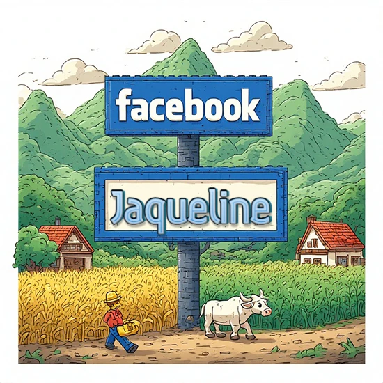 Paisaje rural animado con colinas verdes y cielo despejado. Enorme letrero tipo carretera con el logotipo de Facebook. Nombre destacado en negrita dentro del marco blanco inferior. Diseño con el nombre Jaqueline.