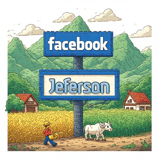 Paisaje rural animado con colinas verdes y cielo despejado. Enorme letrero tipo carretera con el logotipo de Facebook. Nombre destacado en negrita dentro del marco blanco inferior. Diseño con el nombre Jeferson.