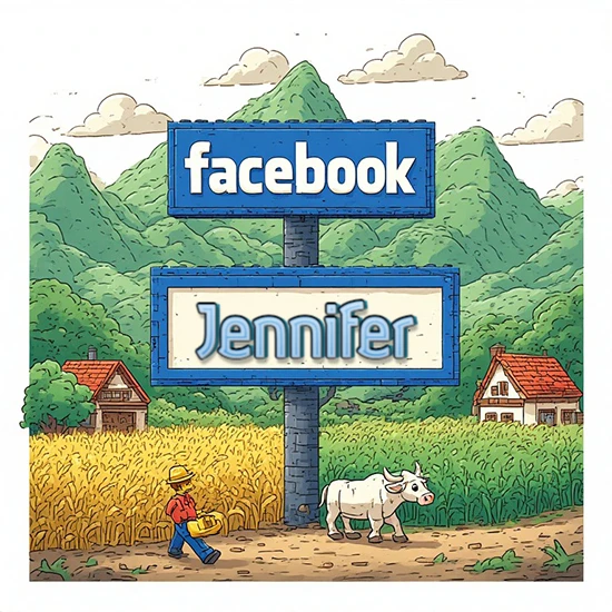 Paisaje rural animado con colinas verdes y cielo despejado. Enorme letrero tipo carretera con el logotipo de Facebook. Nombre destacado en negrita dentro del marco blanco inferior. Diseño con el nombre Jennifer.