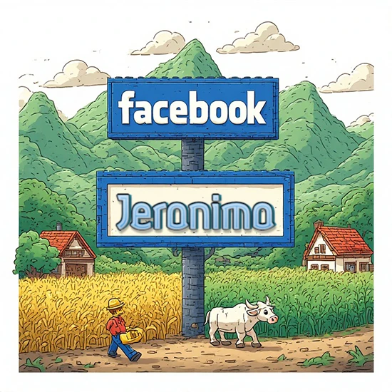 Paisaje rural animado con colinas verdes y cielo despejado. Enorme letrero tipo carretera con el logotipo de Facebook. Nombre destacado en negrita dentro del marco blanco inferior. Diseño con el nombre Jeronimo.