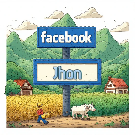 Paisaje rural animado con colinas verdes y cielo despejado. Enorme letrero tipo carretera con el logotipo de Facebook. Nombre destacado en negrita dentro del marco blanco inferior. Diseño con el nombre Jhon.