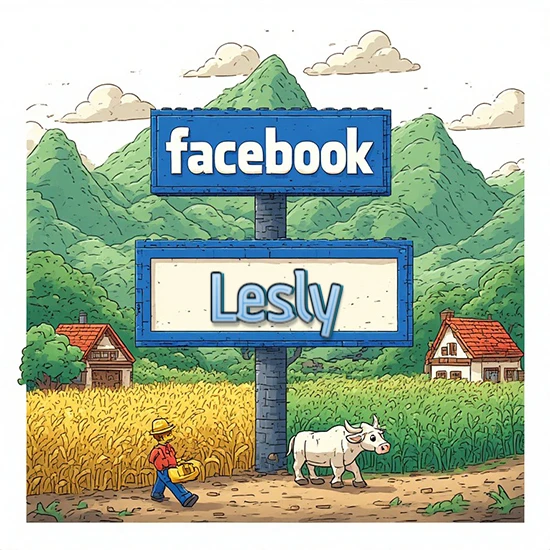 Paisaje rural animado con colinas verdes y cielo despejado. Enorme letrero tipo carretera con el logotipo de Facebook. Nombre destacado en negrita dentro del marco blanco inferior. Diseño con el nombre Lesly.